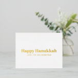 Happy Hanukkah gold typography minimalist custom Foil Holiday Postcard<br><div class="desc">Happy Hanukkah gold modern typography personalised Hanukkah foil Holiday Card.
Fully customisable foil text on white solid background on the front and white solid background on the back.</div>
