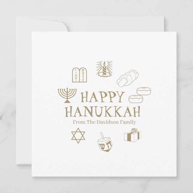Happy Hanukkah gold white custom family name card (Front)