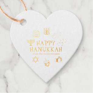Happy Hanukkah gold white custom family name heart Favour Tags