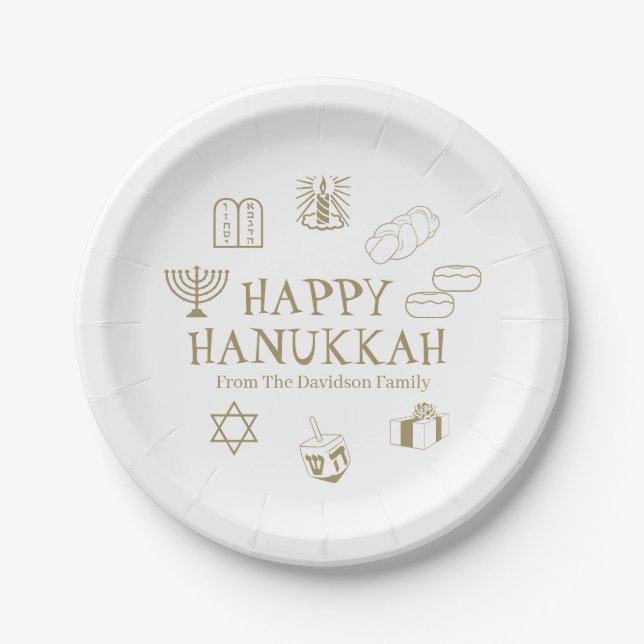 Happy Hanukkah gold white custom family name  Paper Plate (Front)