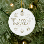 Happy Hanukkah gold white custom name favours Ceramic Tree Decoration<br><div class="desc">Happy Hanukkah,  customise family name gift favour holiday Ceramic Ornament.
Happy Hanukkah,  Happy Chanukah,  Hanukkah Sameach!,  Chag Sameach!,  Chag Urim Sameach!
faux gold and white</div>