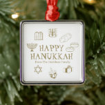 Happy Hanukkah gold white custom name favours Metal Tree Decoration<br><div class="desc">Happy Hanukkah, customise family name gift favour holiday Metal Ornament.
Happy Hanukkah, Happy Chanukah, Hanukkah Sameach!, Chag Sameach!, Chag Urim Sameach!
faux gold and white</div>
