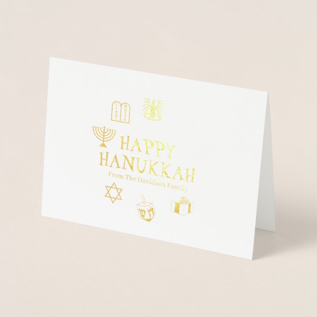 Happy Hanukkah gold white custom name Foil Card (Front)
