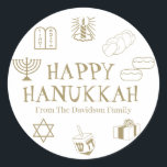 Happy Hanukkah gold white custom name gift favour Classic Round Sticker<br><div class="desc">Happy Hanukkah,  customise family name gift favour stickers 
Happy Hanukkah,  Happy Chanukah,  Hanukkah Sameach!,  Chag Sameach!,  Chag Urim Sameach!
faux gold and white</div>