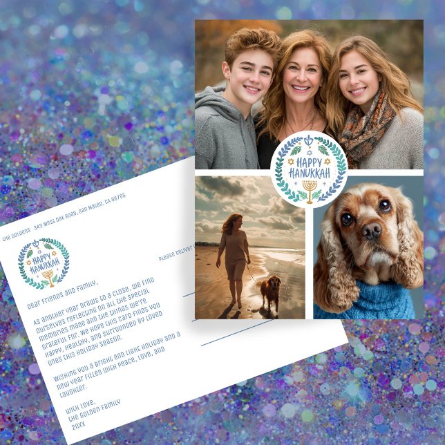 Happy Hanukkah Hand-Drawn CUSTOM 3 PHOTO Holiday Postcard (Happy Hanukkah Hand-Drawn CUSTOM 3 PHOTO Collage Jewish Holiday Postcard
)