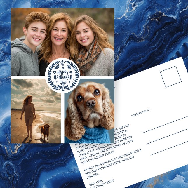 Happy Hanukkah Hand-Drawn CUSTOM 3 PHOTO Holiday Postcard (Happy Hanukkah Hand-Drawn Cute CUSTOM 3 PHOTO Family Collage Jewish Holiday Postcard
)