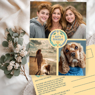 Happy Hanukkah Hand-Drawn CUSTOM 3 PHOTO Holiday Postcard