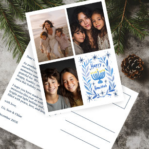 HAPPY HANUKKAH Hand-Drawn CUSTOM 3 PHOTO Letter Holiday Postcard
