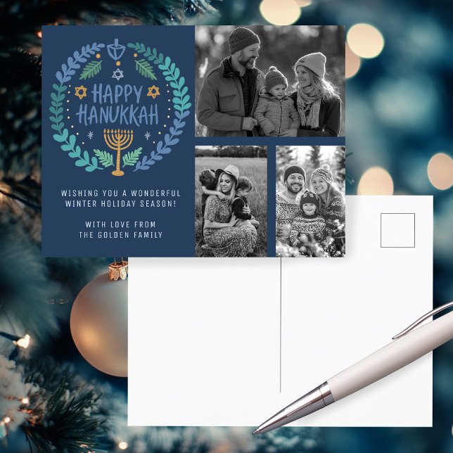 Happy Hanukkah Hand-Drawn CUSTOM 3 PHOTOS Holiday Postcard (Happy Hanukkah Hand-Drawn CUSTOM 3 PHOTOS Holiday Postcard
)