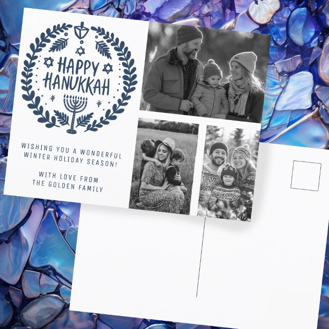 Happy Hanukkah Hand-Drawn CUSTOM 3 PHOTOS Holiday Postcard (Happy Hanukkah Hand-Drawn CUSTOM three PHOTOS Modern Holiday Postcard
)