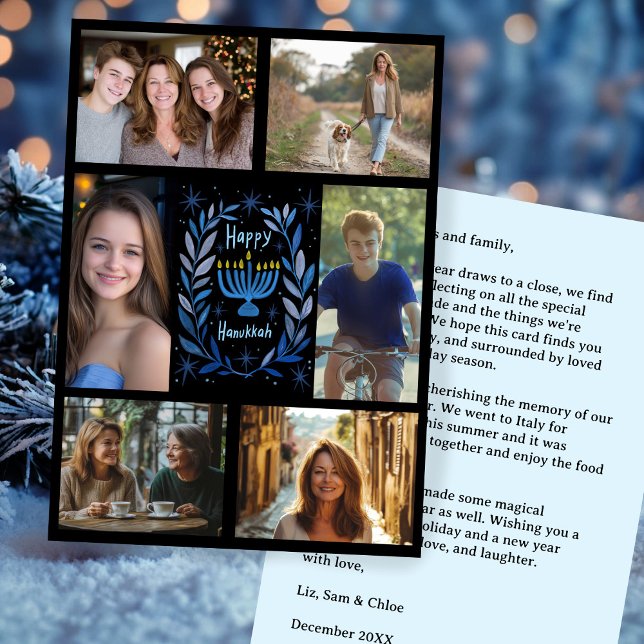 HAPPY HANUKKAH Hand-Drawn CUSTOM 6 PHOTO  Holiday Card (HAPPY HANUKKAH Hand-Drawn CUSTOM 6 PHOTO Collage Double-Sided Holiday Card / Digital Download
)