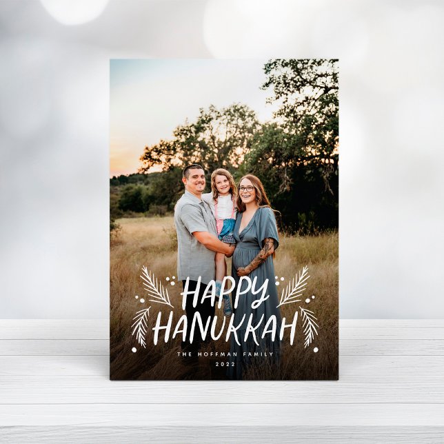 Happy Hanukkah Hand drawn Leaves Snow Full Photo Holiday Card (Creator Uploaded)