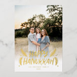 Happy Hanukkah Hand drawn Leaves Snow Photo<br><div class="desc">Stylish,  elegant and personalised; featuring your photo with handwritten styled type accented by hand drawn pine leaves and berries. The back features a festive snow pattern.</div>