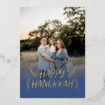 Happy Hanukkah Hand drawn Leaves Snow Photo Blue<br><div class="desc">Stylish,  elegant and personalised; featuring your photo with handwritten styled type accented by hand drawn pine leaves and berries. The back features a festive snow pattern.</div>