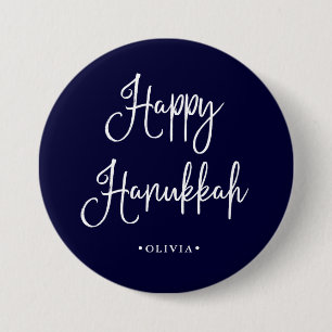 Happy Hanukkah Handwritten Script on Navy Blue 7.5 Cm Round Badge