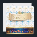 Happy Hanukkah! Holiday<br><div class="desc">Happy Hanukkah! Jewish Holiday invitation,  greeting card,  Jewish holiday Hanukkah,  "Judaica",  festival,  greeting card traditional Chanukah symbols - wooden dreidels (spinning top),  Hebrew letters,  doughnuts,  menorah candles,  oil jar,  star David glowing lights pattern,  vintage</div>