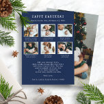 Happy Hanukkah Holiday Card<br><div class="desc">Happy Hanukkah Holiday Card. Elevate your heartfelt sentiments with our chic 'Happy Hanukkah' personalised photo holiday card. This stylish keepsake, featuring a vintage typewriter font and space for 7 (front and back) family photos, is a perfect blend of nostalgia and style. White text on an navy blue background amplifies its...</div>