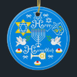 Happy Hanukkah  Holiday Ceramic Tree Decoration<br><div class="desc">Happy Hanukkah! Celebrate Hanukkah  this year with beautiful holiday design. Navy blue background with white Menorah and another Hanukkah items.</div>