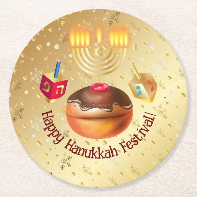Happy Hanukkah Holiday Doughnuts and Menorah Gold Round Paper Coaster (Front)