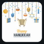 Happy Hanukkah Holiday Icon Decorations Square Sticker<br><div class="desc">This holiday design features Hanukkah icons as decorative ornaments including items such as torah, dreidel, Star of David, candles. gold coins and jewish doughnuts (sufganiyah). #hanukkah #chanukah #happyhanukkah #holidays #seasonal #festive #torah #doughnuts #doughnuts #dreidel #light #candle #gift #coin #gold #blue #jewish #modern #design #style #stylish #greetings #stickers #labels#giftwrapping #crafts #sufganiyah...</div>