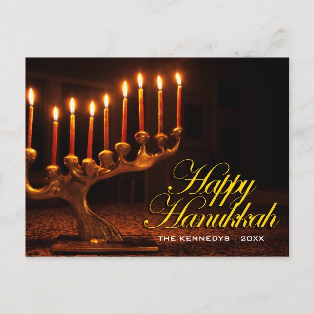 Happy Hanukkah - Illuminated Nine Candle Menorah Holiday Postcard (Front)