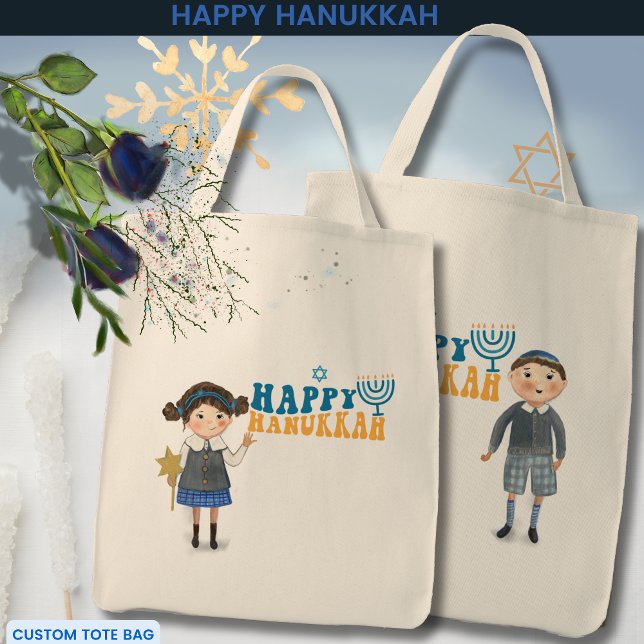 Happy Hanukkah Jewish Girl & Boy Tote Bag (Happy Hanukkah Jewish Girl & Boy Tote Bag)