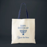 Happy Hanukkah Jewish Holiday menorah custom Tote Bag<br><div class="desc">Happy Hanukkah Jewish Holiday menorah custom canvas tote bag. Custom gift idea for family gathering,  reunion party,  celebrations and more. Blue and white design with religious icon.</div>