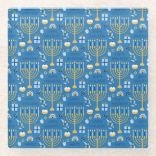 Happy Hanukkah Jewish Star Menorah Blue Chanukah Glass Coaster