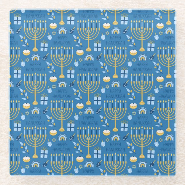 Happy Hanukkah Jewish Star Menorah Blue Chanukah Glass Coaster (Front)