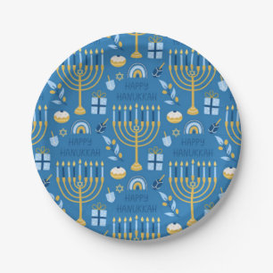 Happy Hanukkah Jewish Star Menorah Blue Paper Plate