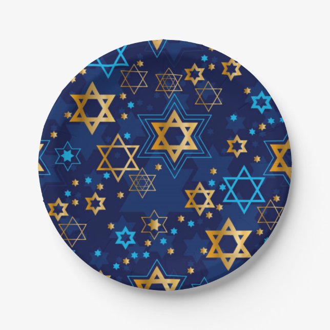 Happy Hanukkah Jewish Star Menorah Blue Paper Plate (Front)
