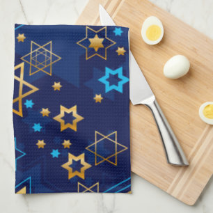Happy Hanukkah Jewish Star Menorah Blue Tea Towel