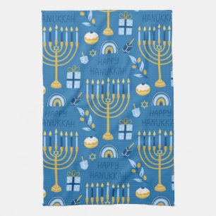 Happy Hanukkah Jewish Star Menorah Blue Tea Towel
