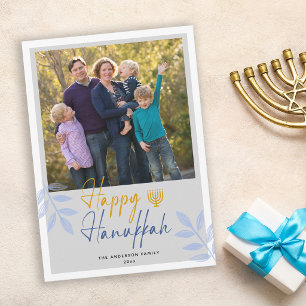 Happy Hanukkah Light Grey Photo Holiday Card