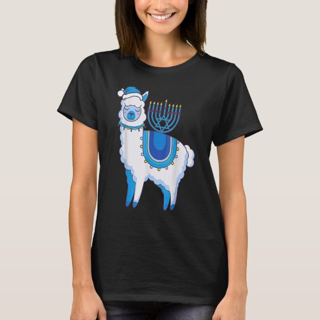 Happy Hanukkah Llamakkah Llama Menorah Alpaca Jewi T-Shirt (Front)
