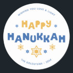"Happy Hanukkah" Love and Light Classic Round Sticker<br><div class="desc">Festive personalised Hanukkah design.</div>