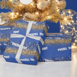 Happy Hanukkah Mazel Tov Blue Gold Sparkle Wrapping Paper