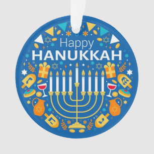 Happy Hanukkah Menorah and Dreidel Blue Ornament