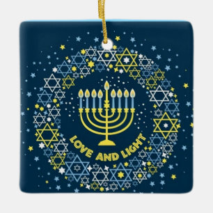 Happy Hanukkah Menorah and Dreidels Ceramic Orname Ceramic Ornament