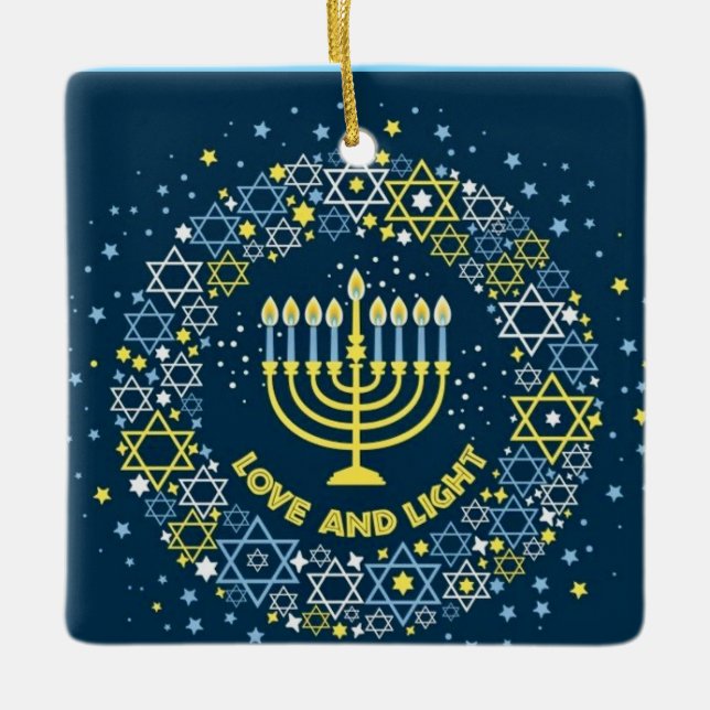 Happy Hanukkah Menorah and Dreidels Ceramic Orname Ceramic Ornament (Front)