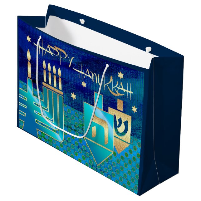 Happy Hanukkah. Menorah and Dreidels  Large Gift Bag (Front Angled)