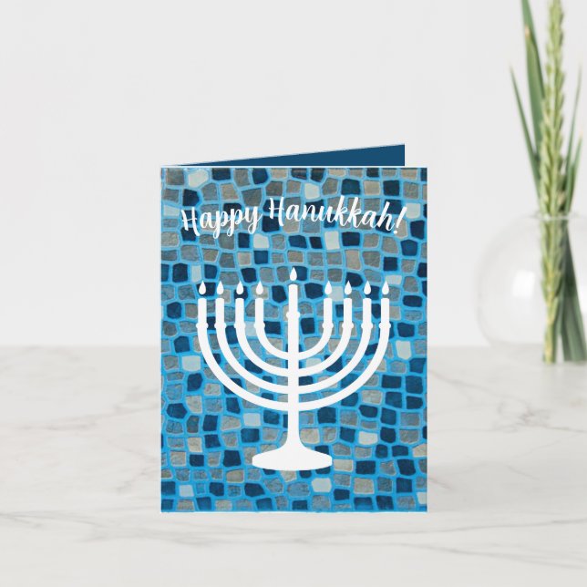 Happy Hanukkah Menorah Blue Mosaic Ornament Card (Front)
