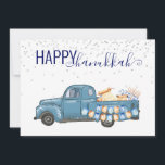 Happy Hanukkah Menorah Blue Vintage Truck Holiday Card<br><div class="desc">This design was created though digital art. It may be personalised in the area provided by changing the photo and/or text. Or it can be customised by choosing the click to customise further option and delete or change the colour the background, add text, change the text colour or style, or...</div>