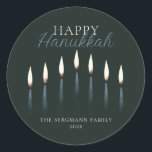 Happy Hanukkah Menorah Candles Classic Round Sticker<br><div class="desc">These classic round Hanukkah greeting stickers feature a placeholder for a family name and year. The design is seven hand drawn menorah candles with the greeting,  "Happy Hanukkah."</div>
