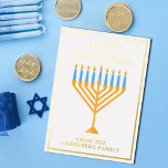 Happy Hanukkah Menorah Chic Custom Gold<br><div class="desc">Cute custom Happy Hanukkah gold foil card for a Jewish family or a Chanukah party with a synagogue. Personalise with your own last name or group information under the pretty blue menorah.</div>