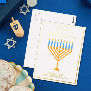 Happy Hanukkah Menorah Chic Personalised Gold Foil Holiday Postcard