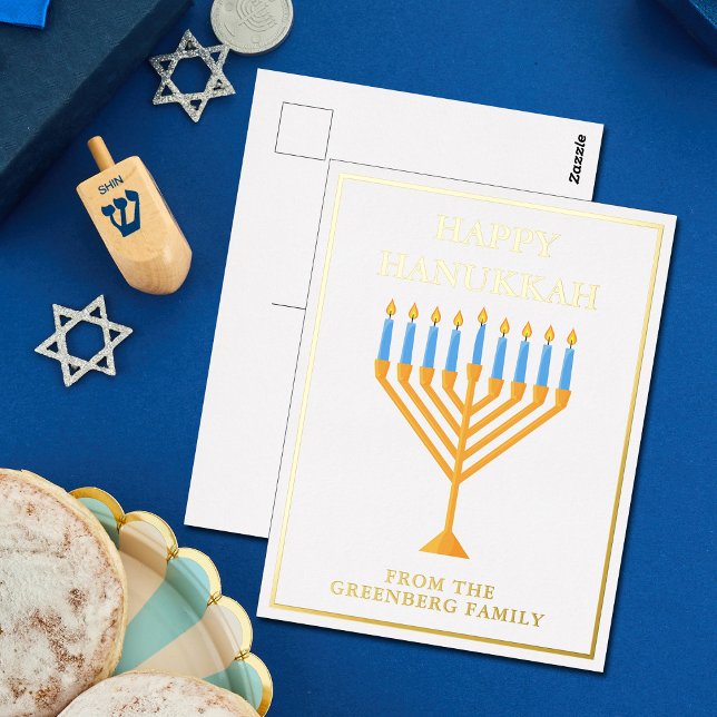 Happy Hanukkah Menorah Chic Personalised Gold Foil Holiday Postcard (Creator Uploaded)