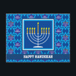 🕎 Happy Hanukkah, Menorah, customisable Postcard<br><div class="desc">Happy Hanukkah with Menorah on blue background. Fully customisable back.</div>