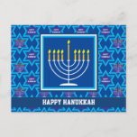 🕎 Happy Hanukkah, Menorah, customisable Postcard<br><div class="desc">Happy Hanukkah with Menorah on blue background. Fully customisable back.</div>