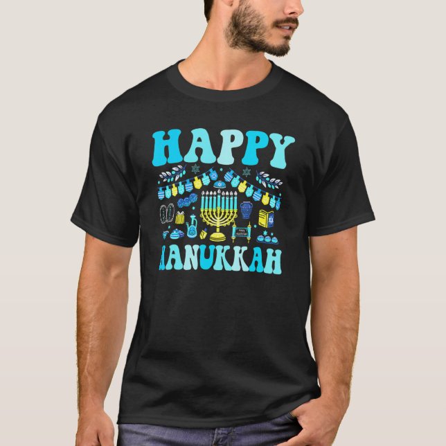 Happy Hanukkah Menorah Dreidel Book Latkes Pajamas T-Shirt (Front)
